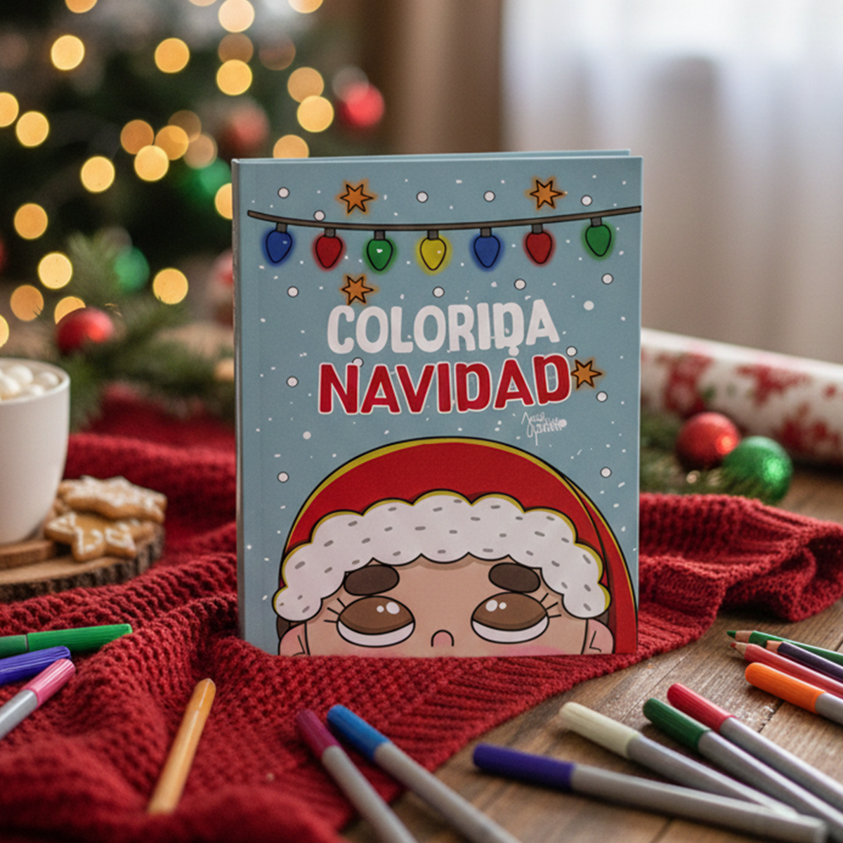 Portada del ebook para colorear Colorida Navidad de Javipinkk, con personaje navideño, luces de colores y lápices alrededor.