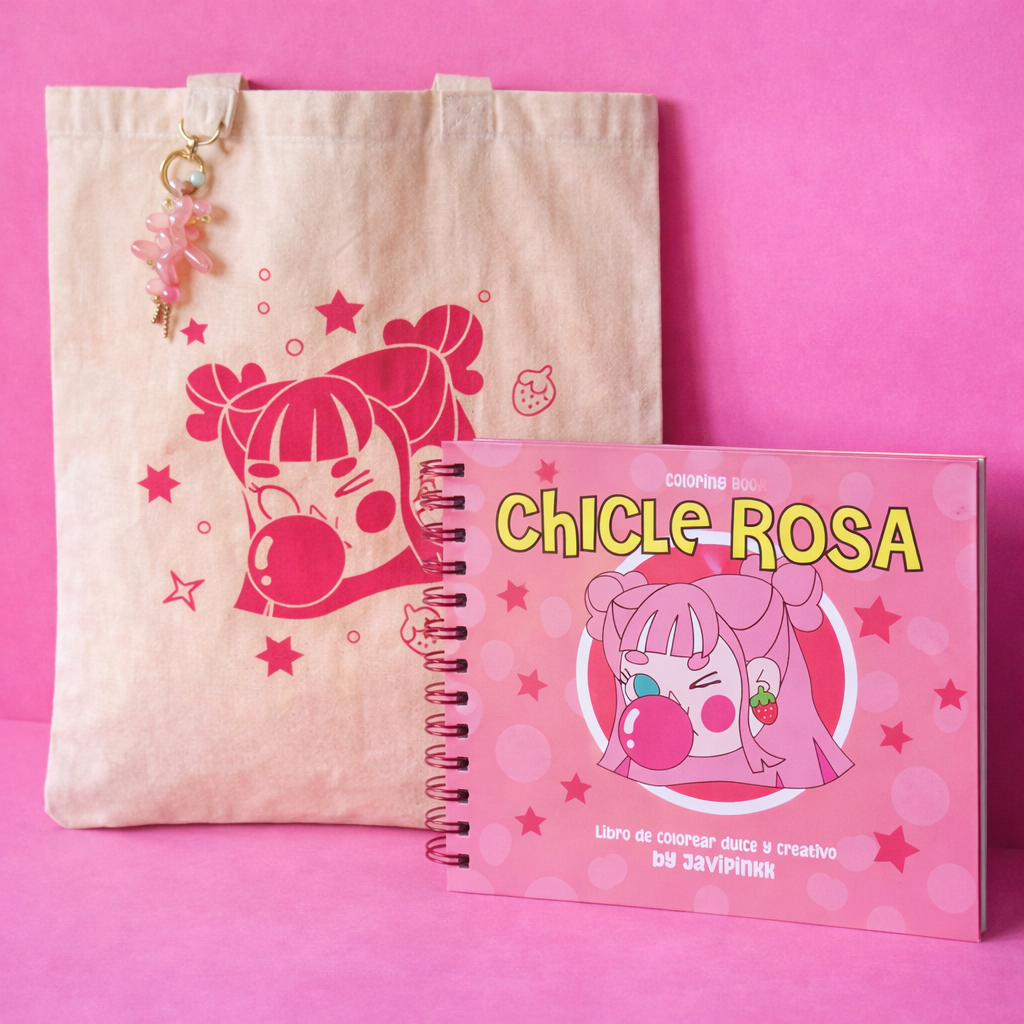 Libro para colorear Chicle Rosa de Javipinkk junto a una totebag beige con ilustración fucsia y llavero rosado sobre fondo rosa.