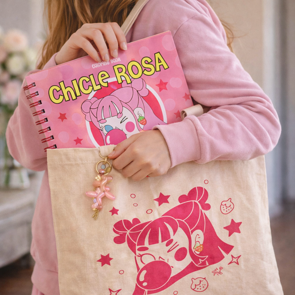 Persona con polerón rosado sostiene el libro para colorear Chicle Rosa junto a una totebag beige ilustrada de Javipinkk.