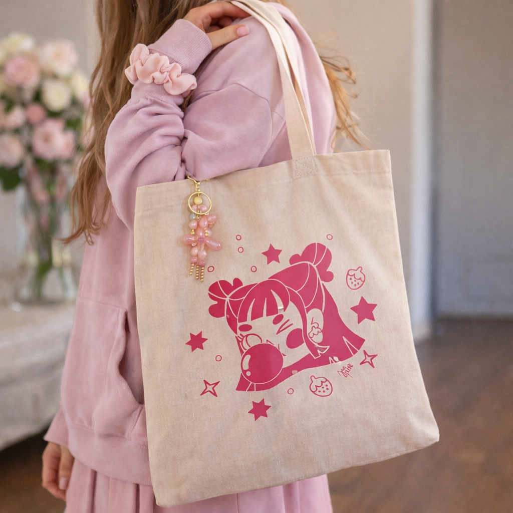 Mujer con polerón rosado lleva al hombro una totebag beige Chicle Rosa de Javipinkk, con diseño fucsia y llavero.
