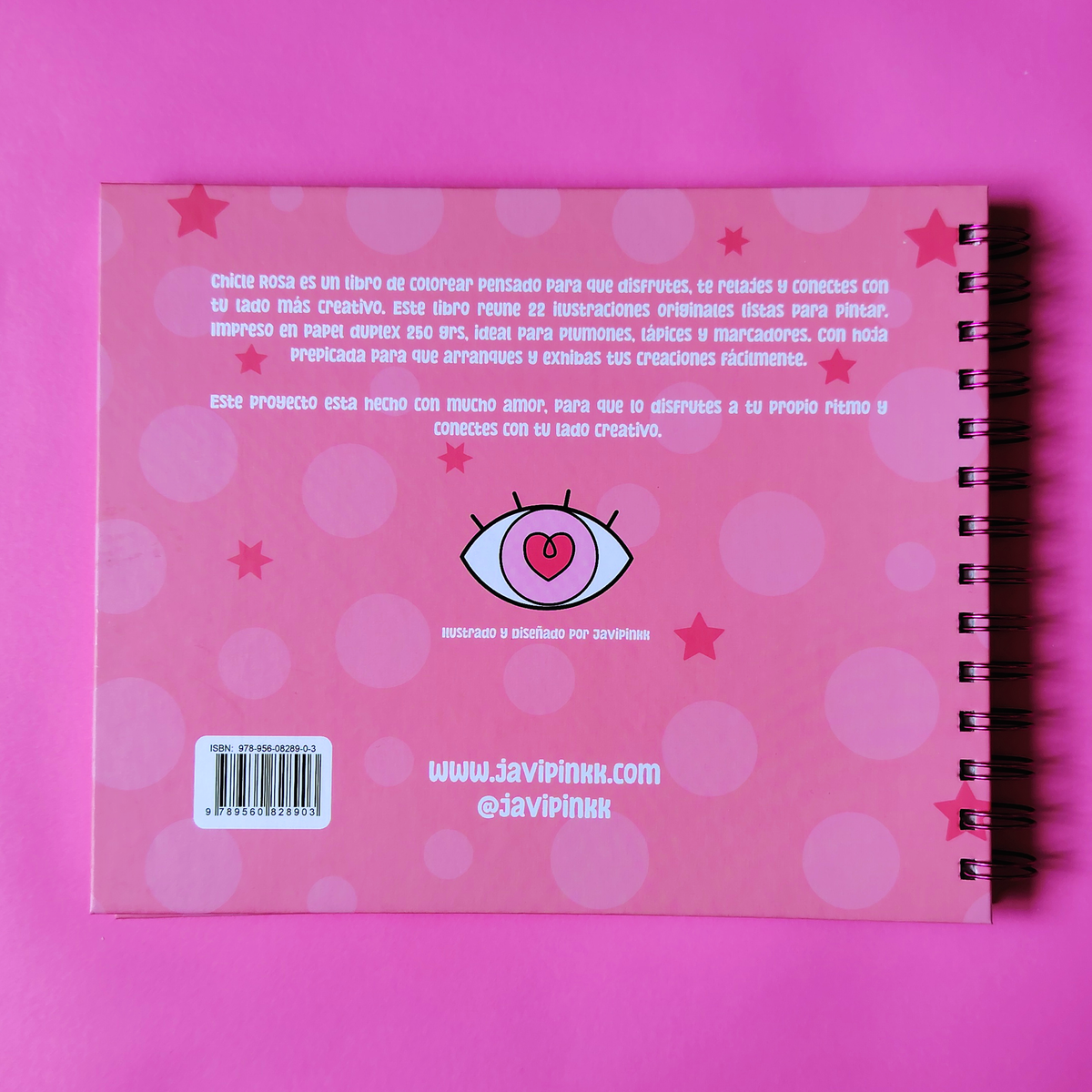 Contraportada del libro para colorear Chicle Rosa, creado e ilustrado por Javipinkk.