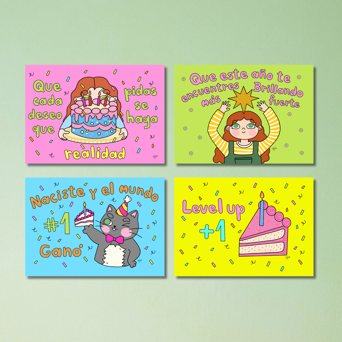 Set de 4 Postales de Cumpleaños – Para Decir Feliz Cumpleaños | Javipinkk