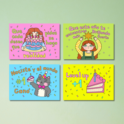 Set de 4 Postales de Cumpleaños – Para Decir Feliz Cumpleaños | Javipinkk