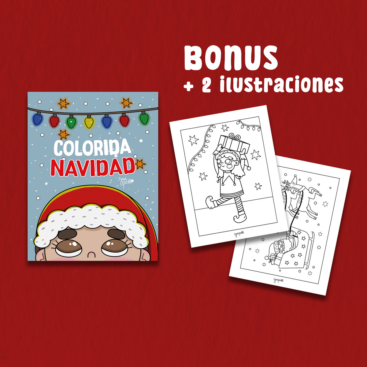 Portada del ebook Colorida Navidad de Javipinkk junto a dos ilustraciones extra para colorear, con el texto «Bonus +2 ilustraciones».