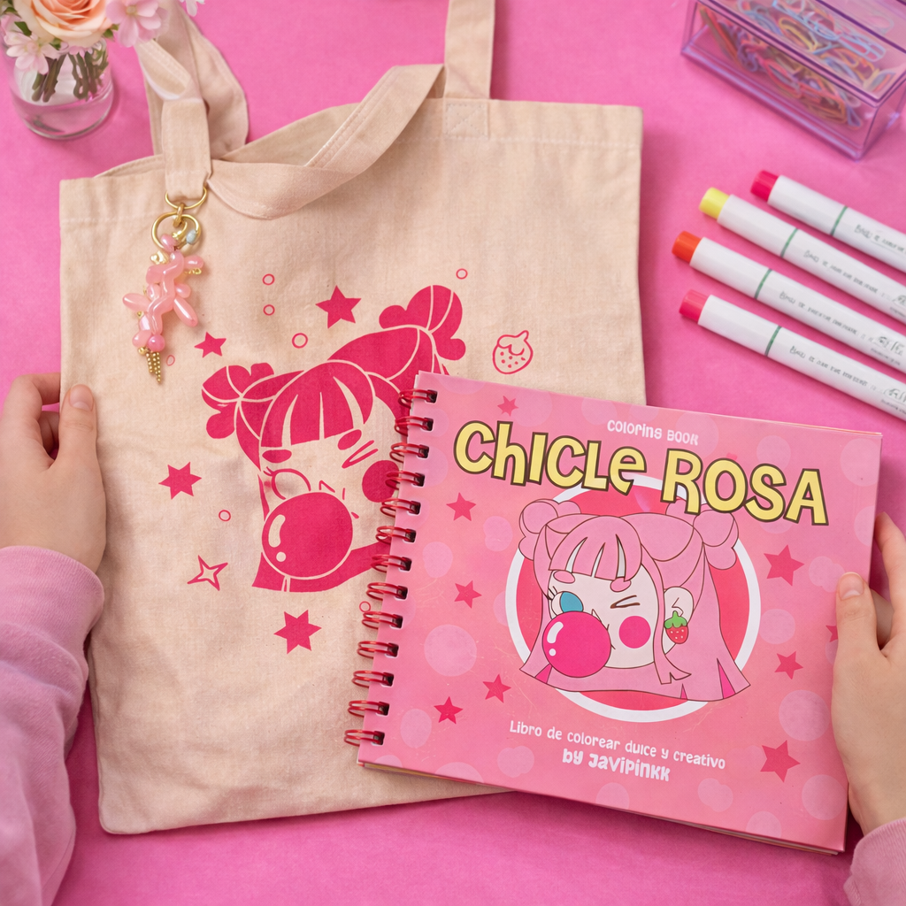 Manos muestran el libro para colorear Chicle Rosa y una totebag beige ilustrada de Javipinkk sobre un fondo rosa.