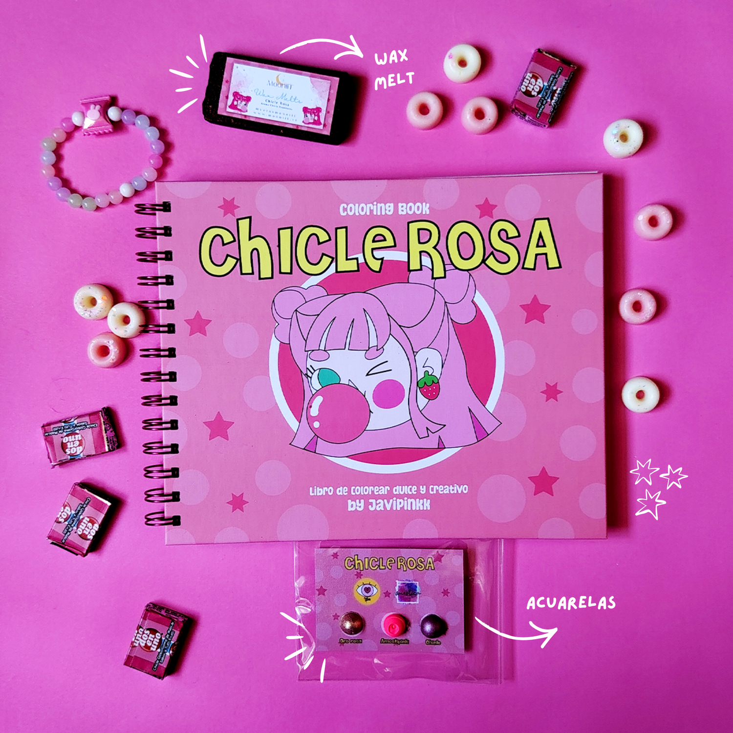 pack promocional experiencia chicle rosa, incluye libro, barra wax melt y acuarela amestica pintura