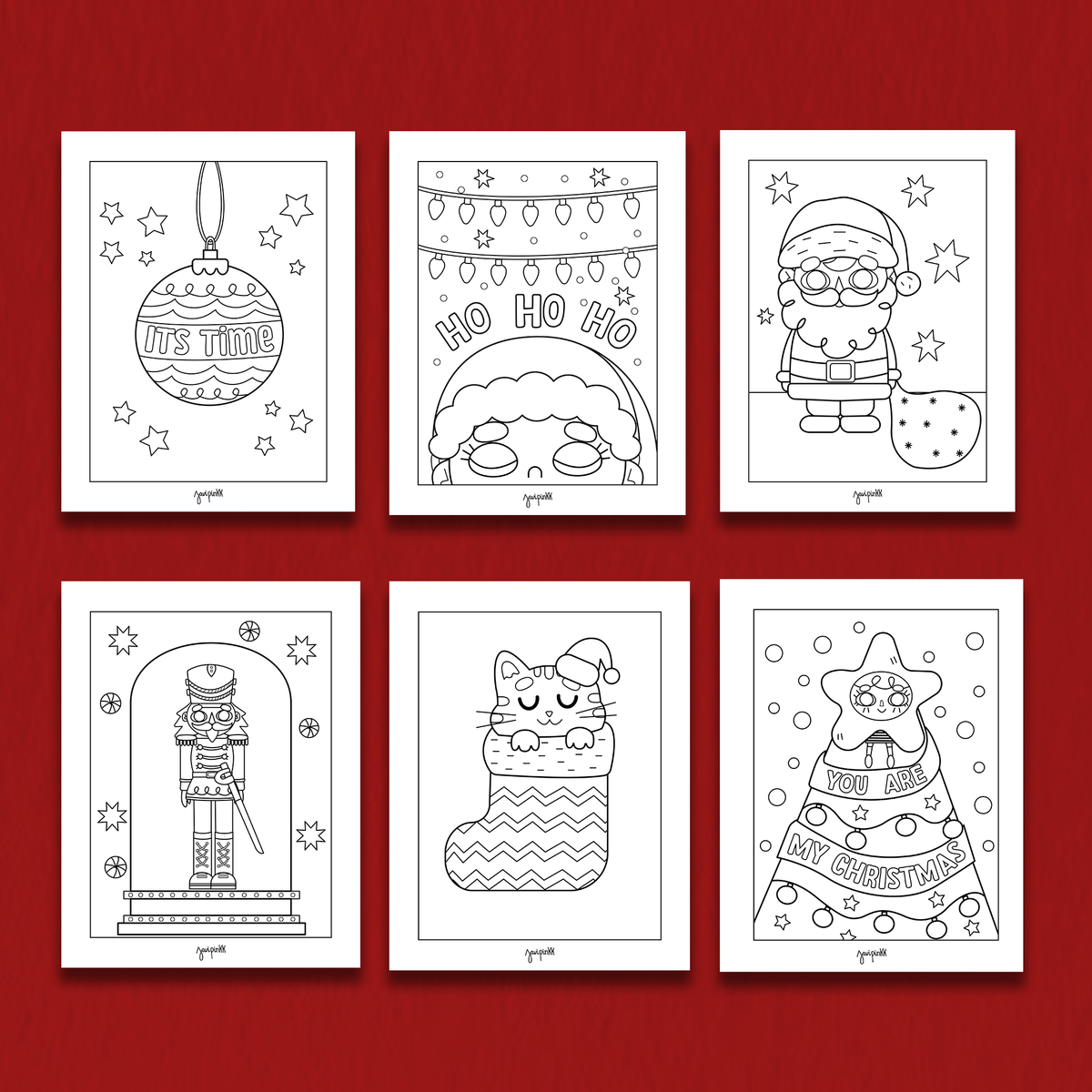 Seis dibujos navideños para colorear del ebook Colorida Navidad de Javipinkk, con Papá Noel, cascanueces, gato y adornos.