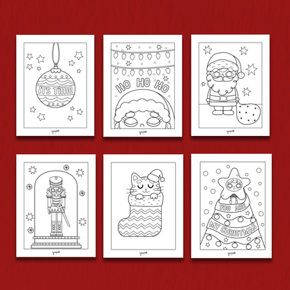 Seis dibujos navideños para colorear del ebook Colorida Navidad de Javipinkk, con Papá Noel, cascanueces, gato y adornos.