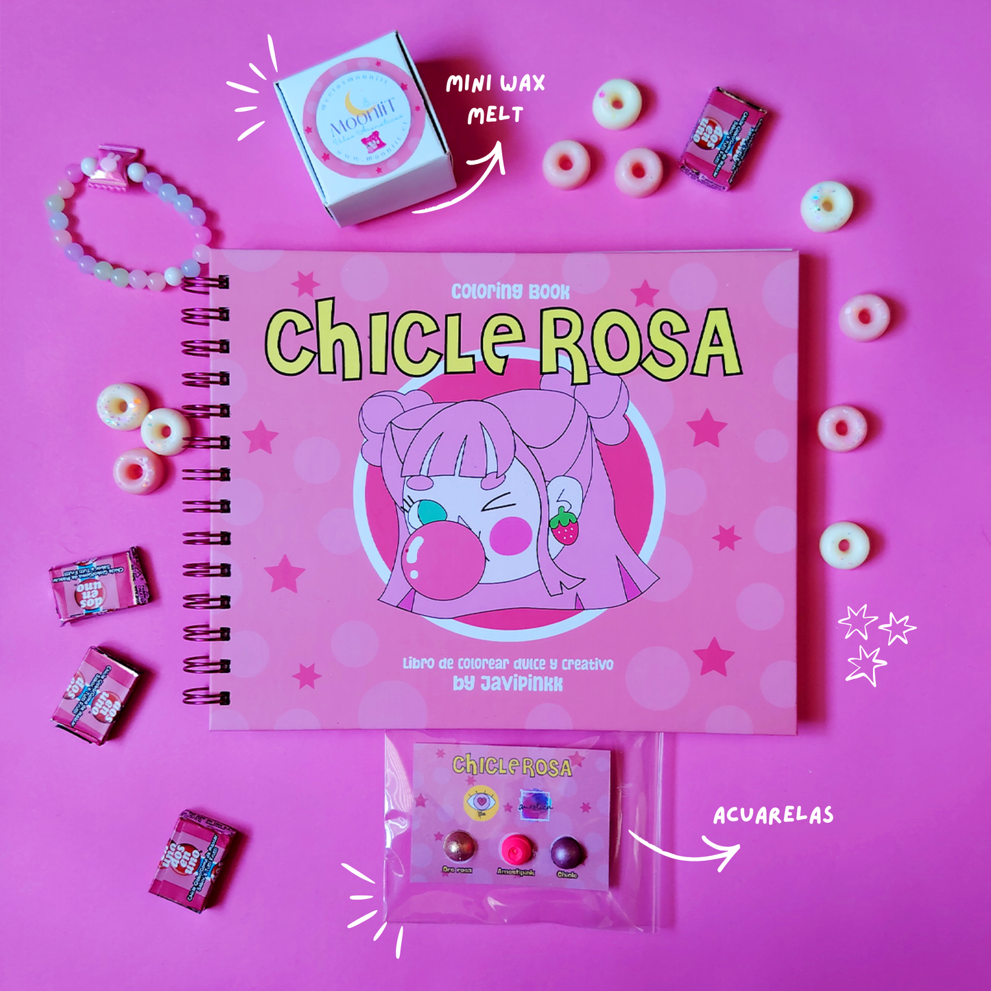 pack promocional chicle rosa libro, mini wax melt moonlit y acuarela amestica pintora