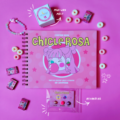 pack promocional chicle rosa libro, mini wax melt moonlit y acuarela amestica pintora