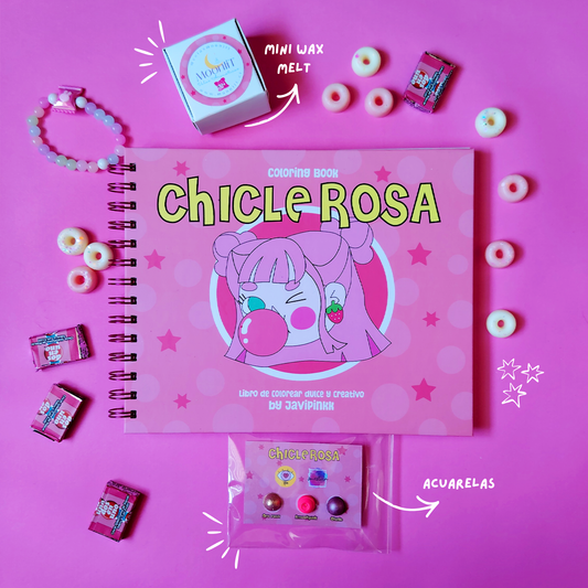 pack promocional chicle rosa libro, mini wax melt moonlit y acuarela amestica pintora