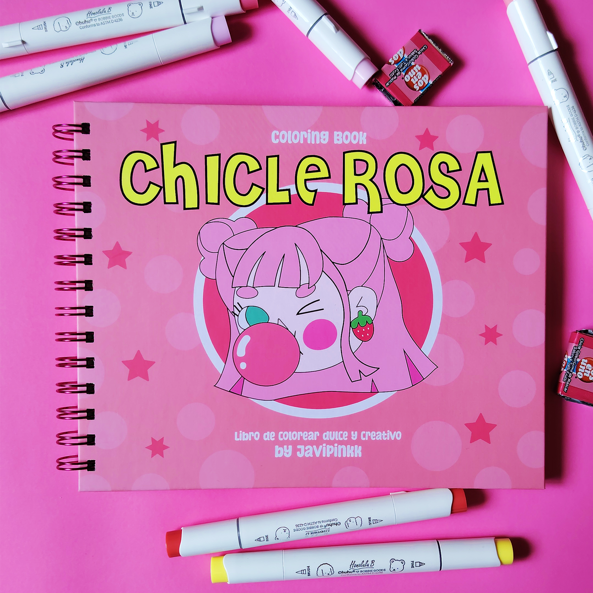 Portada rosa del libro para colorear Chicle Rosa de Javipinkk, con una niña de cabello rosado haciendo una burbuja de chicle.